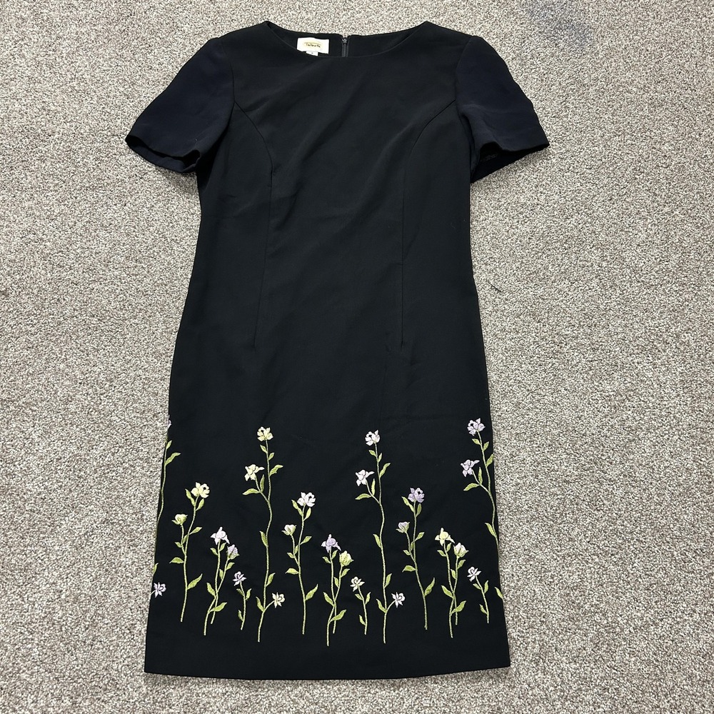 Talbots Dress Womens 8 Black Short Sleeve Floral Embroidered Sheath Knee Length